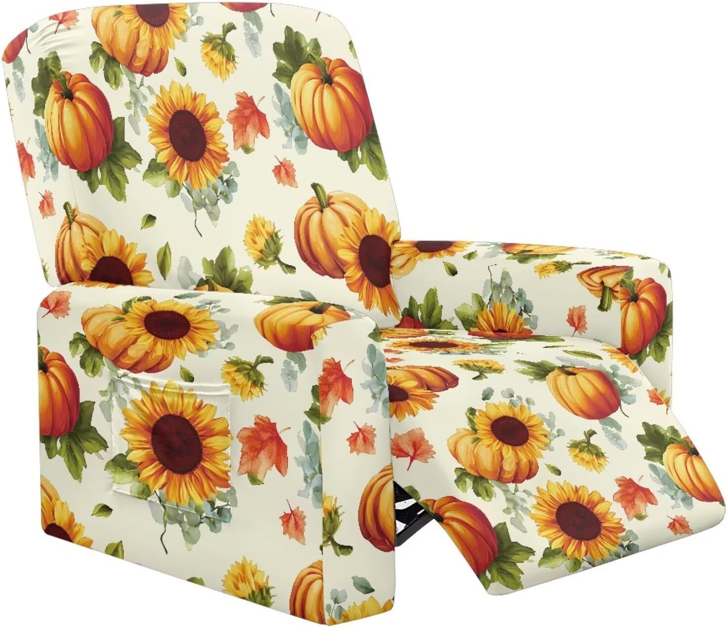 FOR U DESIGNS Sunflower and Pumpkin 4-Piece Stretch Recliner Slipcover Set with Elastic Edges Non Slip Storage Pockets Furniture Protector Washable for Living Room Reclining Chairs