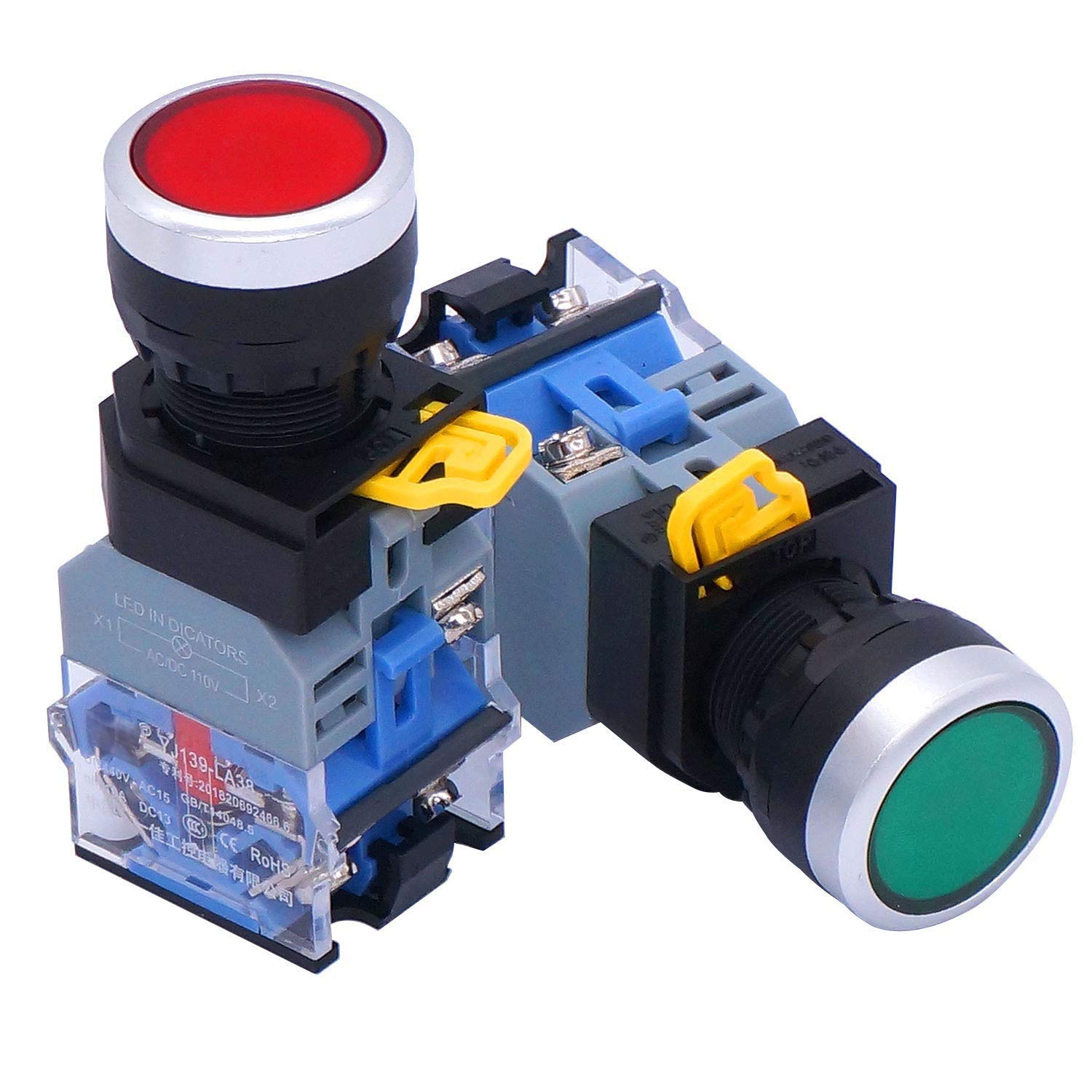 Black Friday - 60% OFF Taiss / 2pcs 22mm 10A 440V 1NO 1NC DPST Red Green Momentary Push Button Switch Pushbutton Switches with Red Green LED Light Voltage 110V LA38-11DN-RG