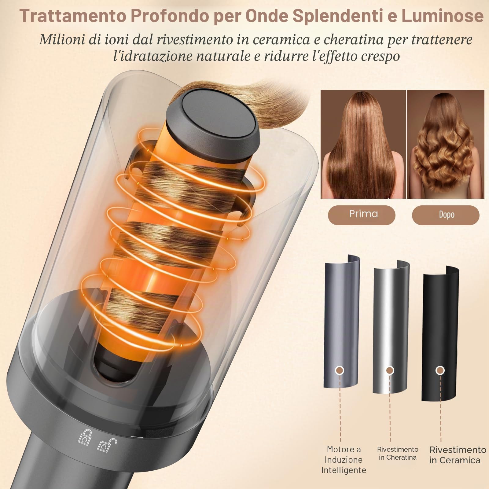 Arricciacapelli Automatico, Ferro Arricciacapelli Con cavo di alimentazione girevole a 360°, Arricciatura con un tocco arricciacapelli styler per capelli portatile(Nero)