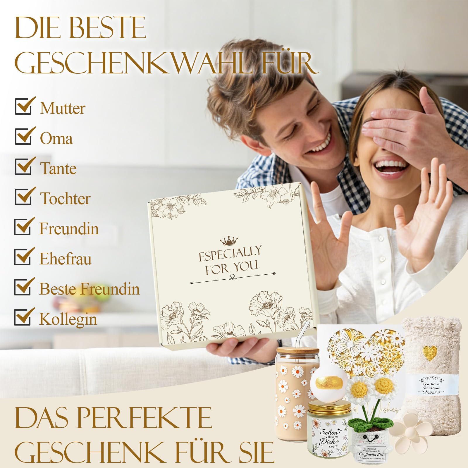 Geschenke für Frauen Freundin, Positive Kartoffel Geschenkset, Trinkgläser Geburtstagsgeschenk für Frauen, Mama, Schwester, Kollegin, Wellness Entspannung Geschenk mit Duftkerze