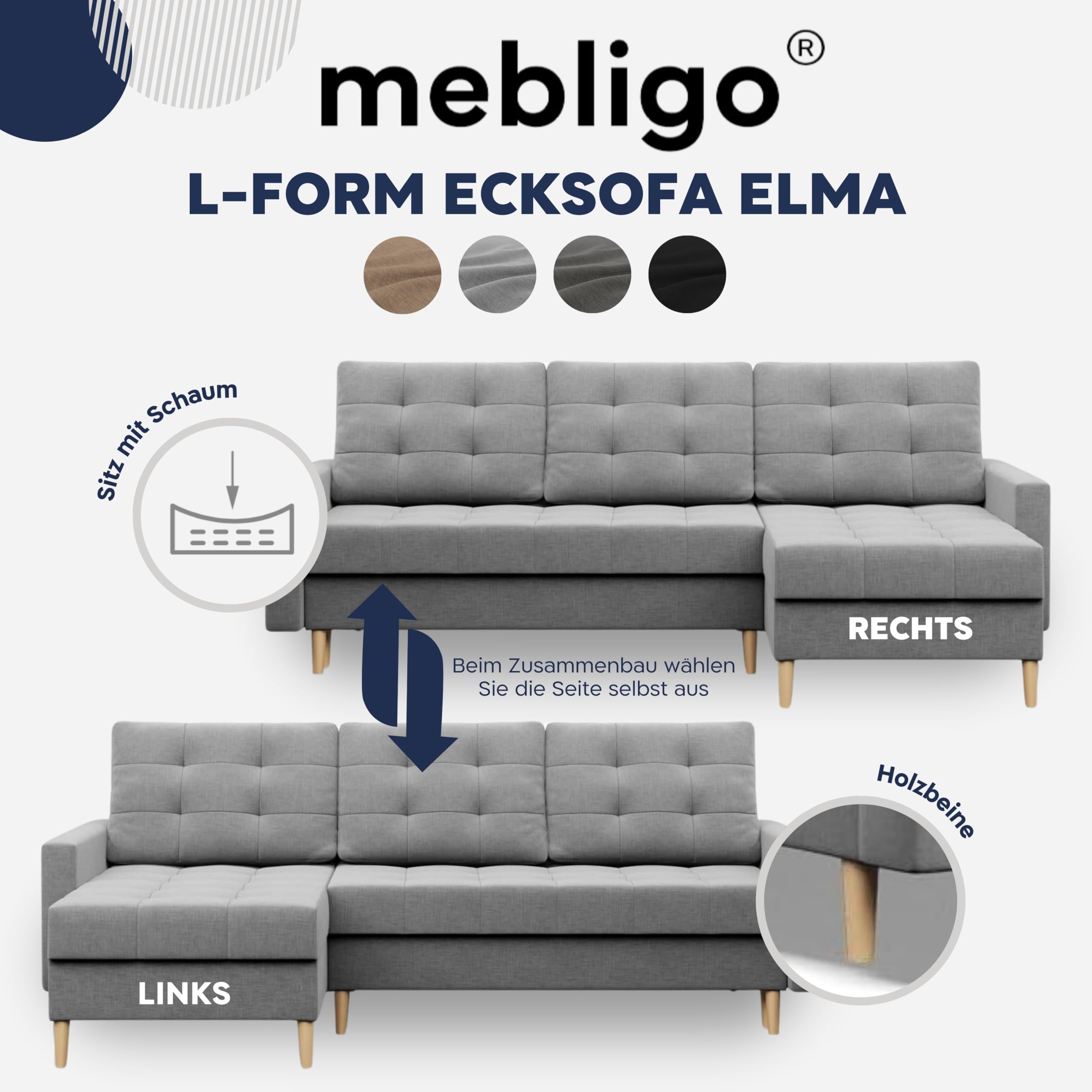Mebligo - Ecksofa mit Schlaffunktion und Bettkasten Elma, Eckcouch Universelle Seite, Sofa L Form (BxTxH) 223 x 140 x 88 cm, Couch Wohnzimmer, Ecke Sofa, Braun (Lux 2)