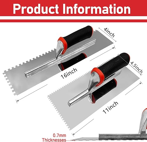 Miniatura 2 de WYXDSDEV Juego de palas cuadradas grandes para azulejos con muescas, 2 piezas de herramientas de hormigón para azulejos de acero inoxidable (16