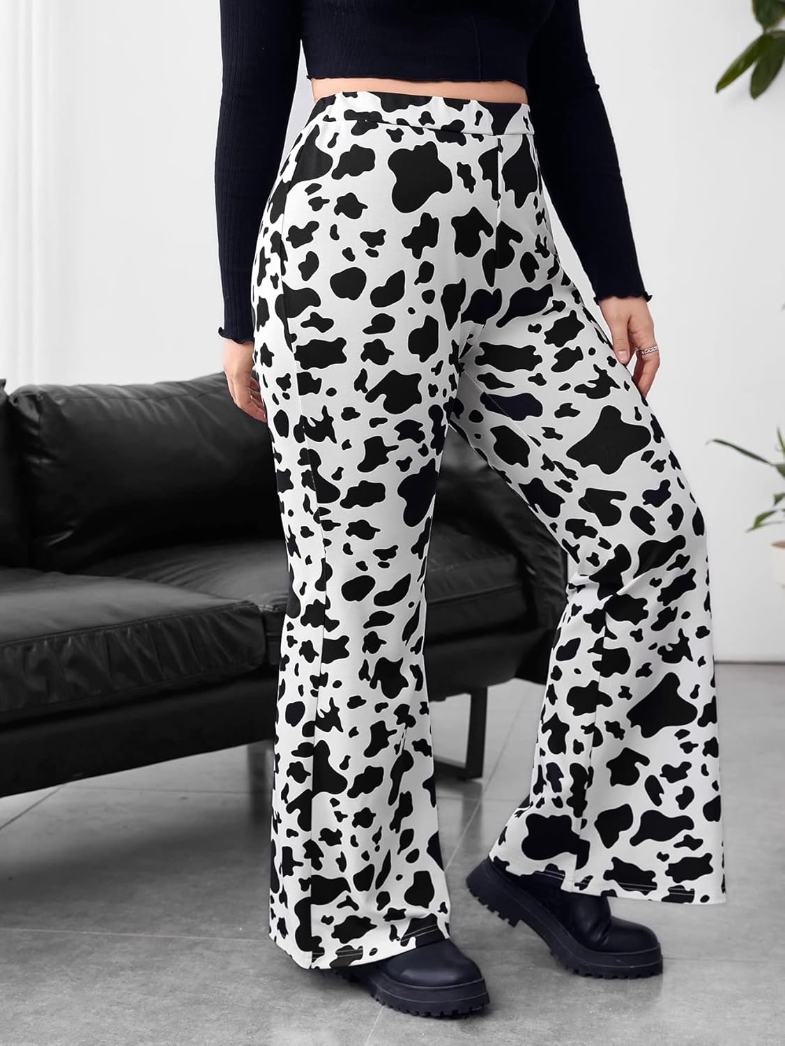 WDIRARA Women's Plus Size Animals Cow Print Flare Leg High Waisted Casual Pants - Image 4