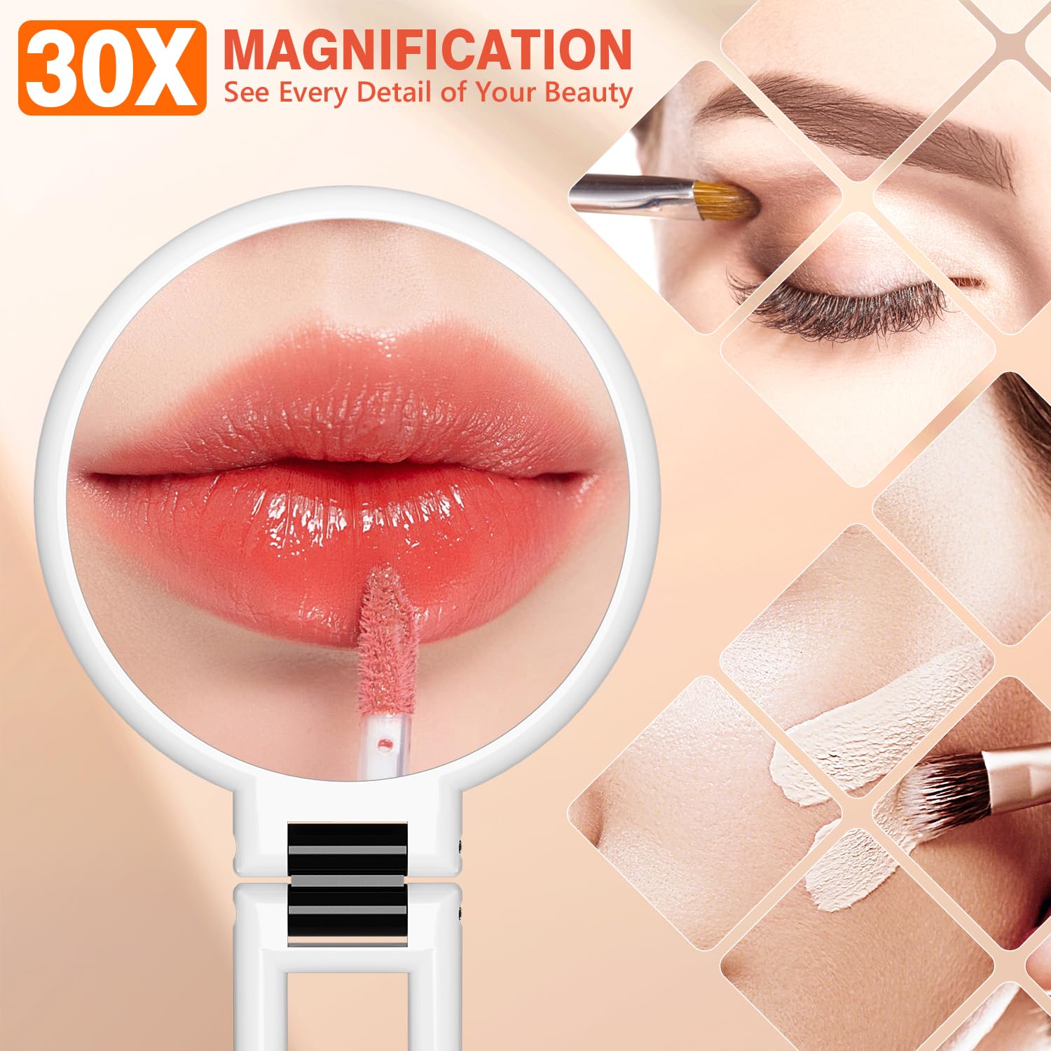 Auxmir Specchio Ingranditore Bifacciale 30X/1X, a Mano 14CM, Alta Definizione, Portatile, Pieghevole, Appendibile, da Viaggio per Trucco, Cura del Viso, Bianco
