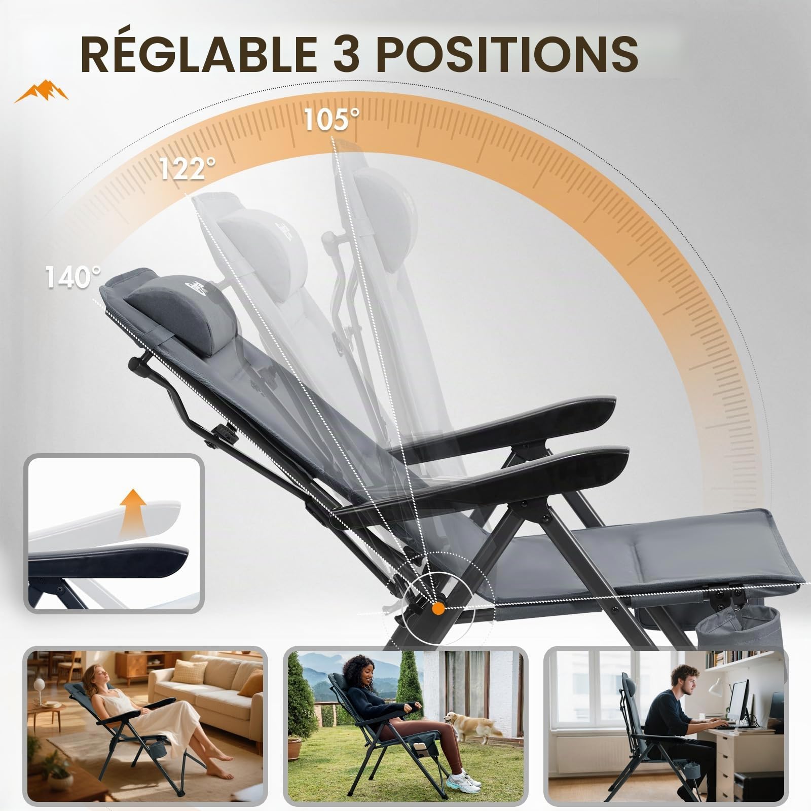 Portal Chaise Pliante Camping – Fauteuil de Jardin Portable Inclinable 160kg, Dossier Haut Réglable 3 Positions – Transat Confortable pour Plage, Terrasse, Balcon, Extérieur
