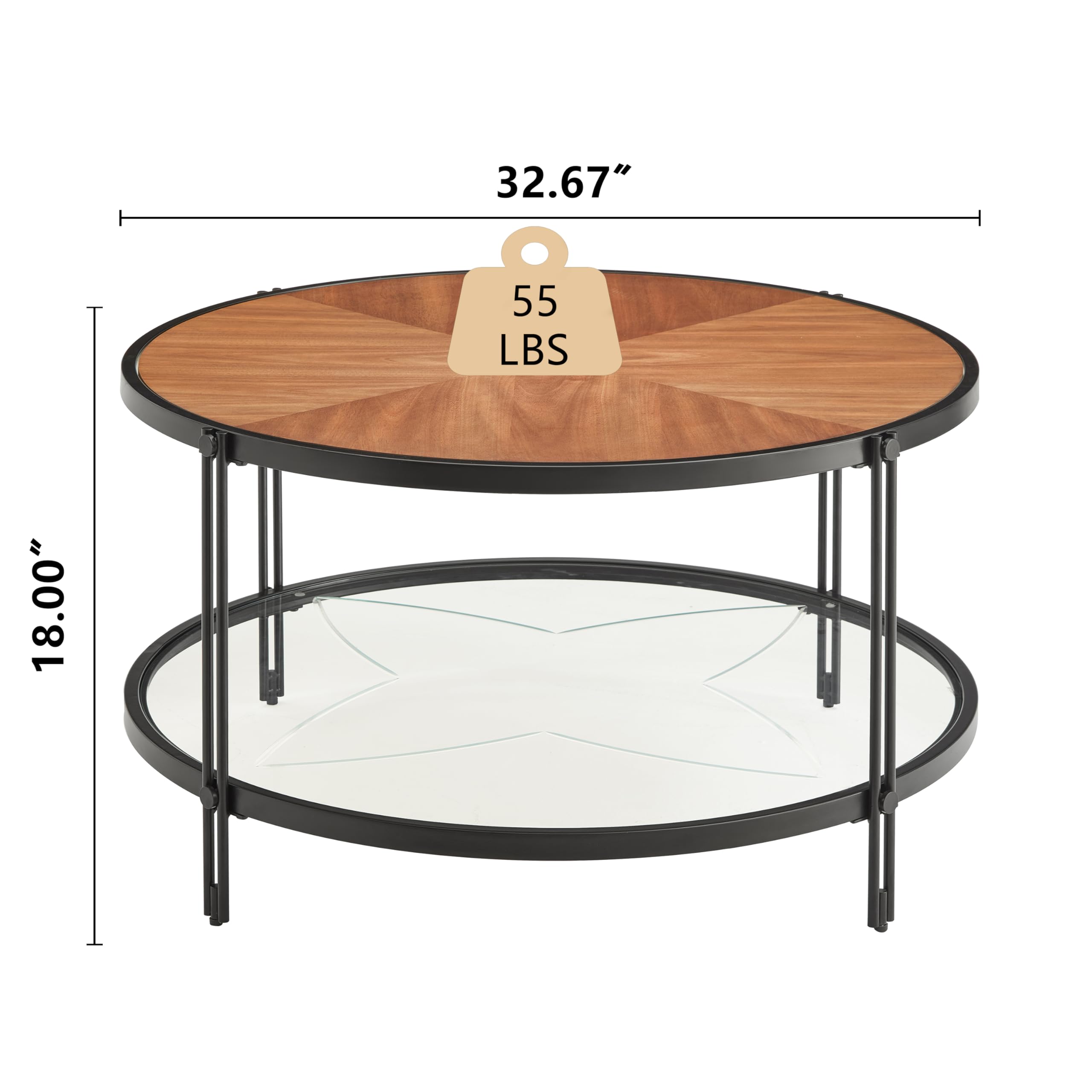 HOMPUS 32" Round Glass Coffee Table With Storage Shelf - Tempered Glass Top, Champagne Finish, Fully Assembled