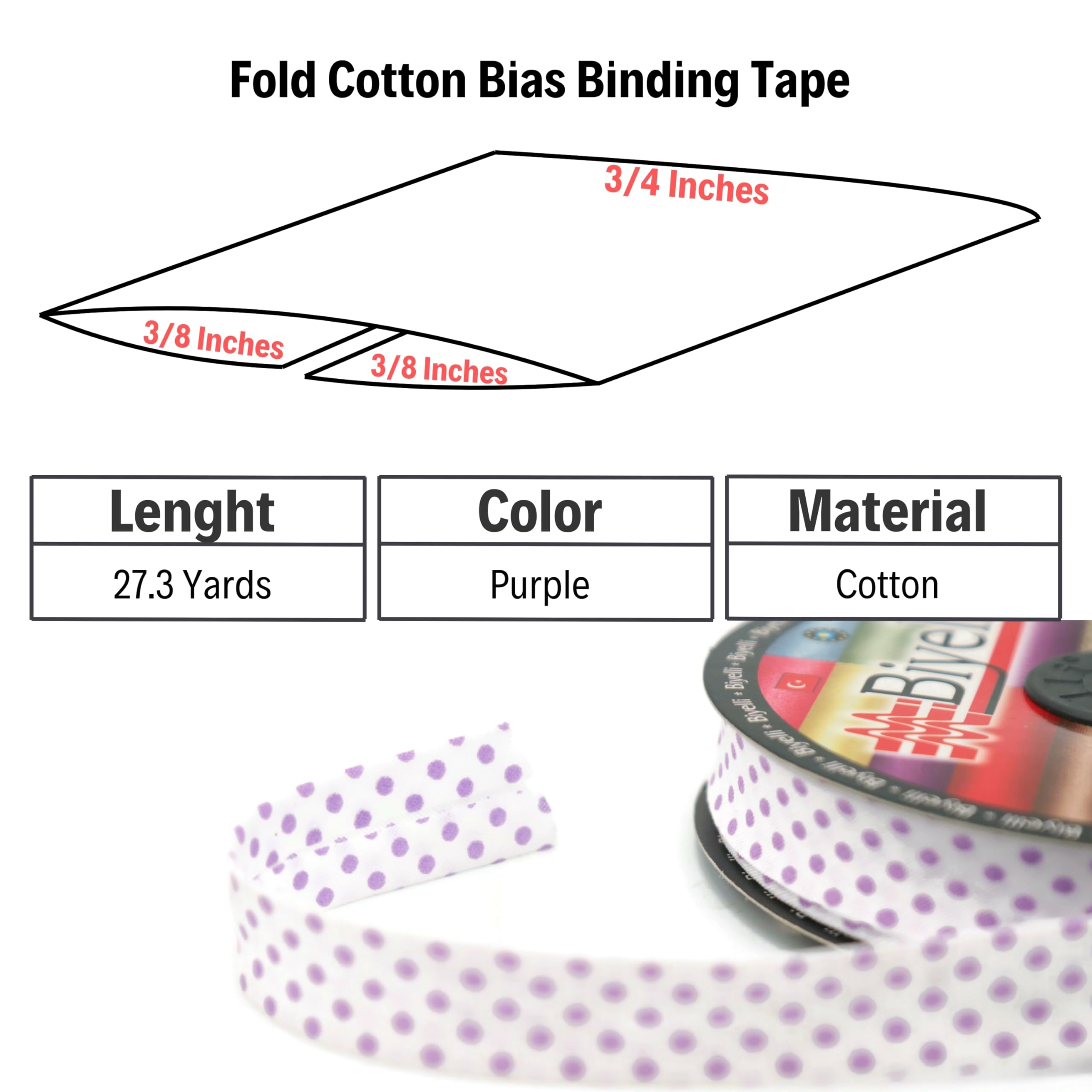 Cinta de encuadernación al bies plegable de algodón – 3/4 pulgadas (20 mm) de ancho – 27 yardas – Cinta de encuadernación al bies de algodón de un solo pliegue para coser ropa, bricolaje, morado B7