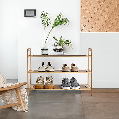 Miniatura 2 de Zapatero de bambú de 3 niveles para armario, zapateros independientes, organizador apilable para zapatos, zapatero de madera de bambú para entrada y