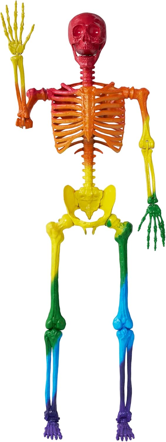 JOYIN 5.6 FT Halloween Posable Life Size Skeleton, Full Body Realistic Bones with Movable Joints, Rainbow Color Giant Skeletons for Halloween Decoration Outdoor, Haunted House Prop, Spooky Scene Party