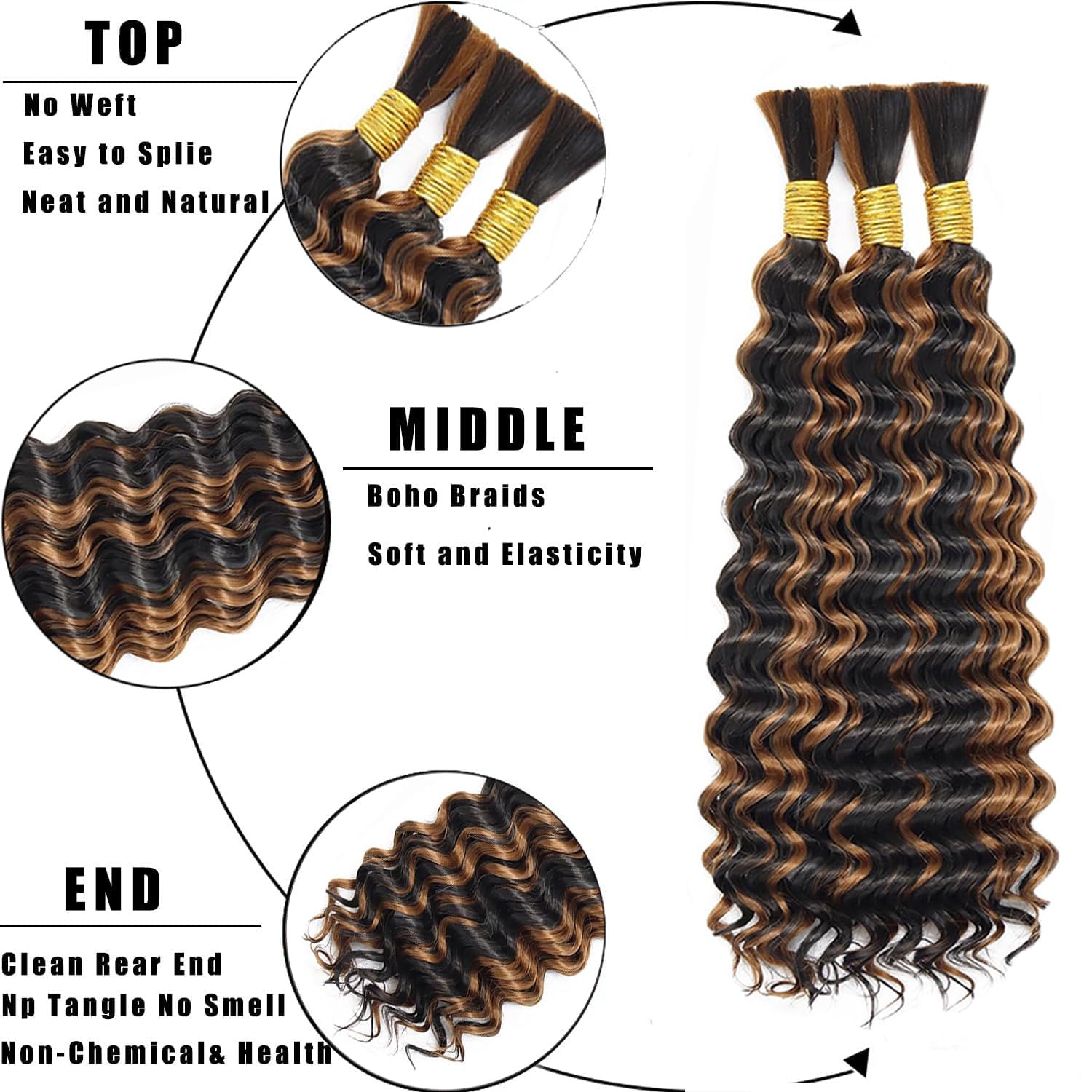 P4/30 Brown Braiding Human Hair for Boho Braids Hair, 14 14 14 Inch 150g 3Pcs,Highlight Brown Water Wave Bulk Human Hair for Braiding Curly Knotless Hair Extensions