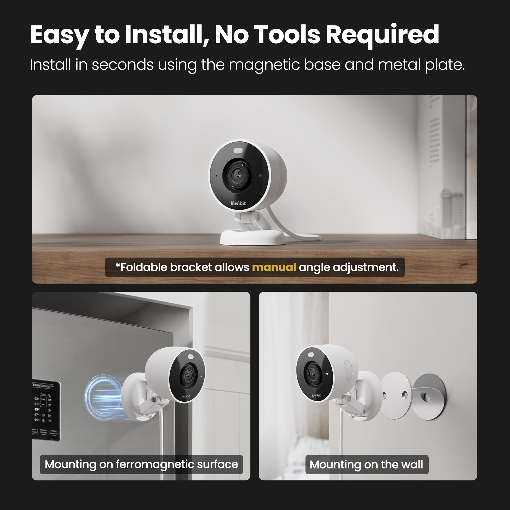 Kiwibit Telecamera di sicurezza 2K per interni/esterni, telecamere magnetiche cablate per la sicurezza domestica, fotocamera per animali domestici, baby monitor, rilevamento AI, visione notturna a