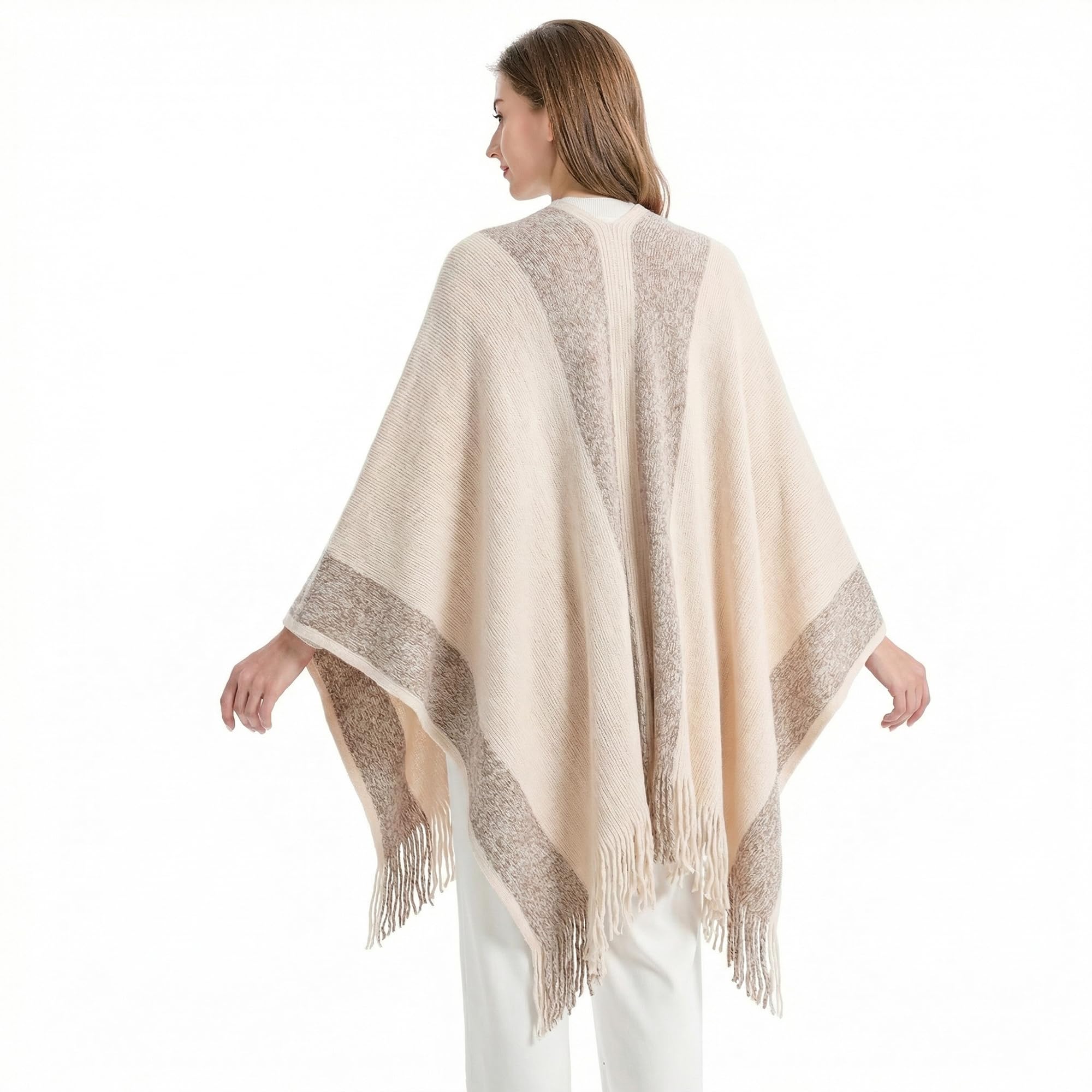 ZLYC Châle en tricot pour femme avec bordure dorée - beige - Taille Unique
