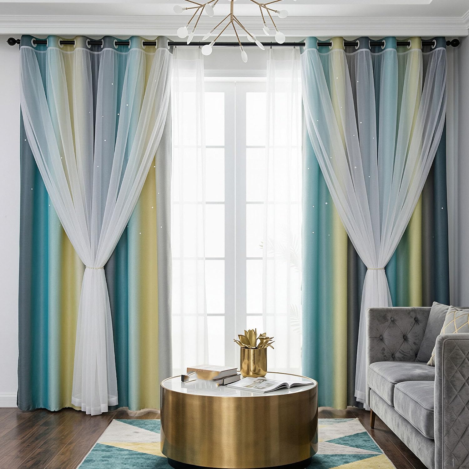 Rideaux Arc-en-Ciel Double Couche, Rideaux occultants dégradés avec étoiles Creuses,Beige,M