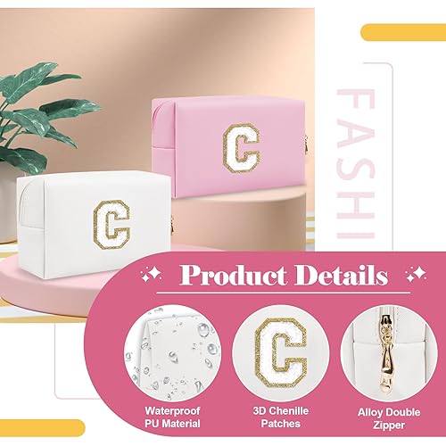 Miniatura 3 de Bolsa de maquillaje personalizada con inicial A-Z, pequeña bolsa de cosméticos de viaje de piel sintética con cremallera, bonita bolsa de aseo