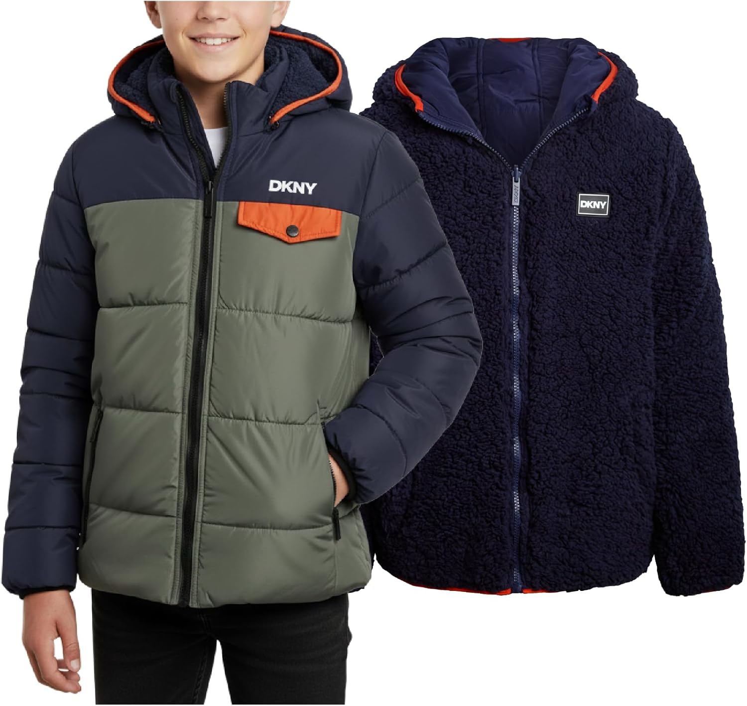 DKNY Boys Puffer Jacket - Reversible Zip Up Kids Winter Coat Sherpa Jacket with Hood - Outerwear Jackets for Boys