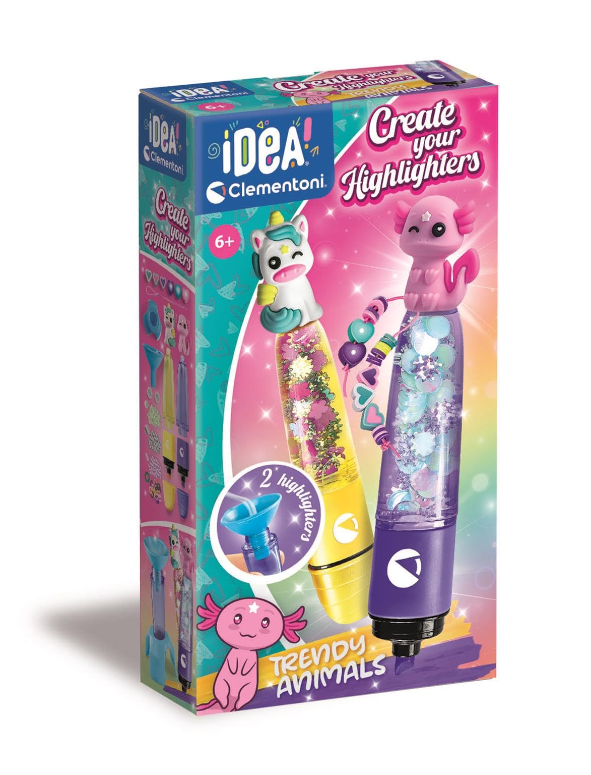 Clementoni Idea - Create Your Highlighters: Trendy Animals, Personalised Highlighter Lab, Creative Kit for Children 6+ Years, with 3 Customisable Highlighters with Accessories, 18874