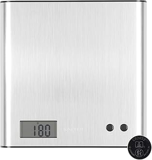 Salter 1087 SSDR Arc Kitchen Scale – Digital Food Weighing Scales, Precise Cooking/Baking, Slim Platform for Compact Storage, Add & Weigh/Tare Function, 3kg Capacity,Battery Included,Stainless Steel