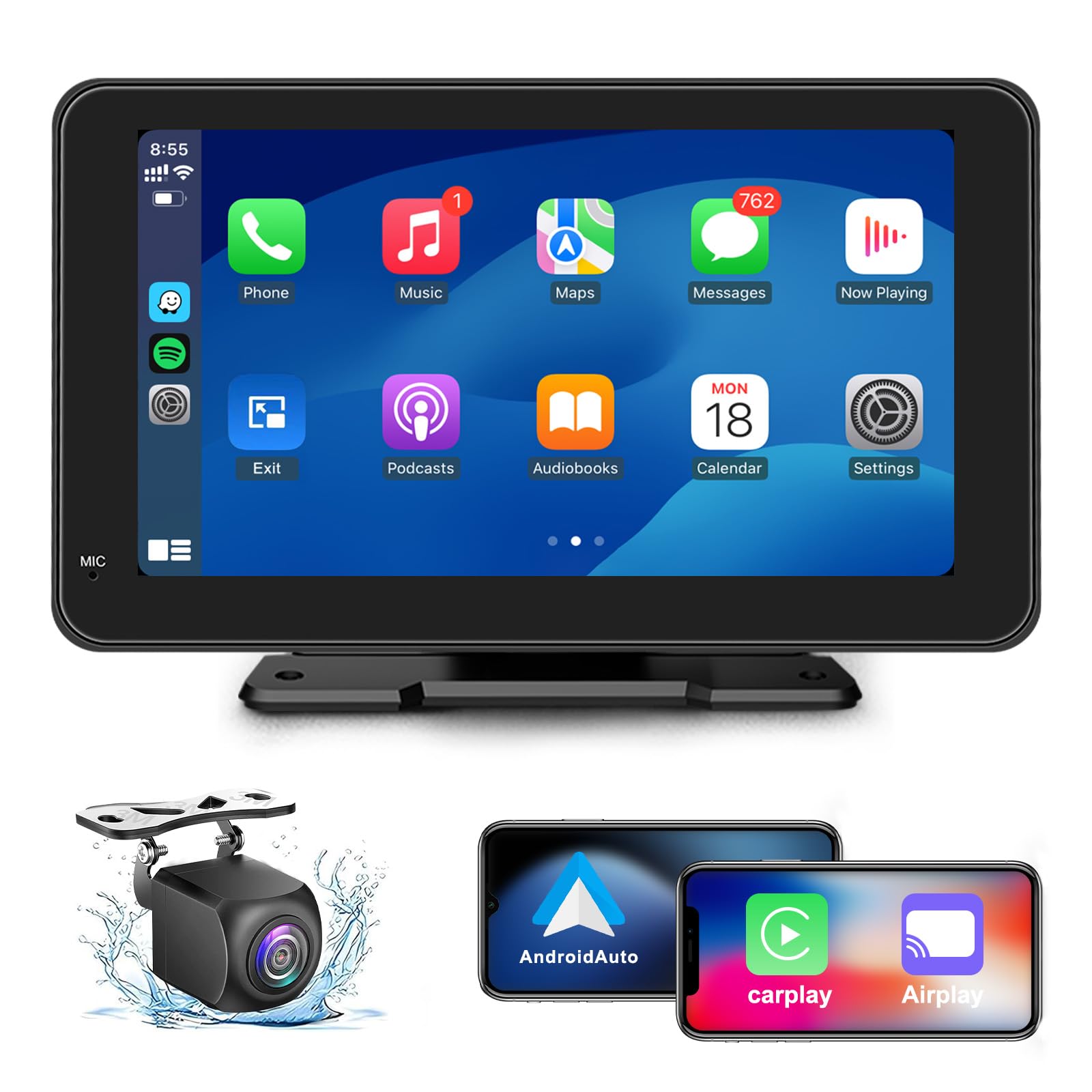 Senza Fili Autoradio, Wireless Carplay & Android Auto Portatile Autoradio e Telecamera Posteriore, 7 Pollici Stereo Auto HD Touch Screen per Auto, Mirror Link, GPS Navigation, FM, Siri, AUX, Airplay