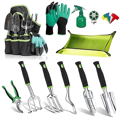 SMOOTHWIND 12 PCS Garden Tool Set with Rubber Handle, Repotting Mat, Storage Bag Tote, Stainless Steel Gardening Gift for Women