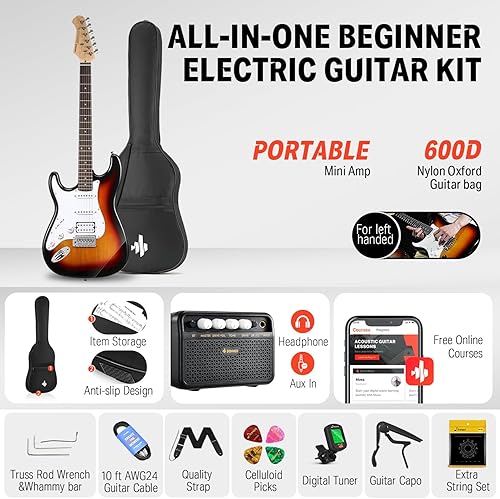 Miniatura 2 de Donner DST-102 - Kit de guitarra eléctrica de 39 pulgadas, con amplificador, bolsa, capo, correa, cuerda, sintonizador, cable, púas-1