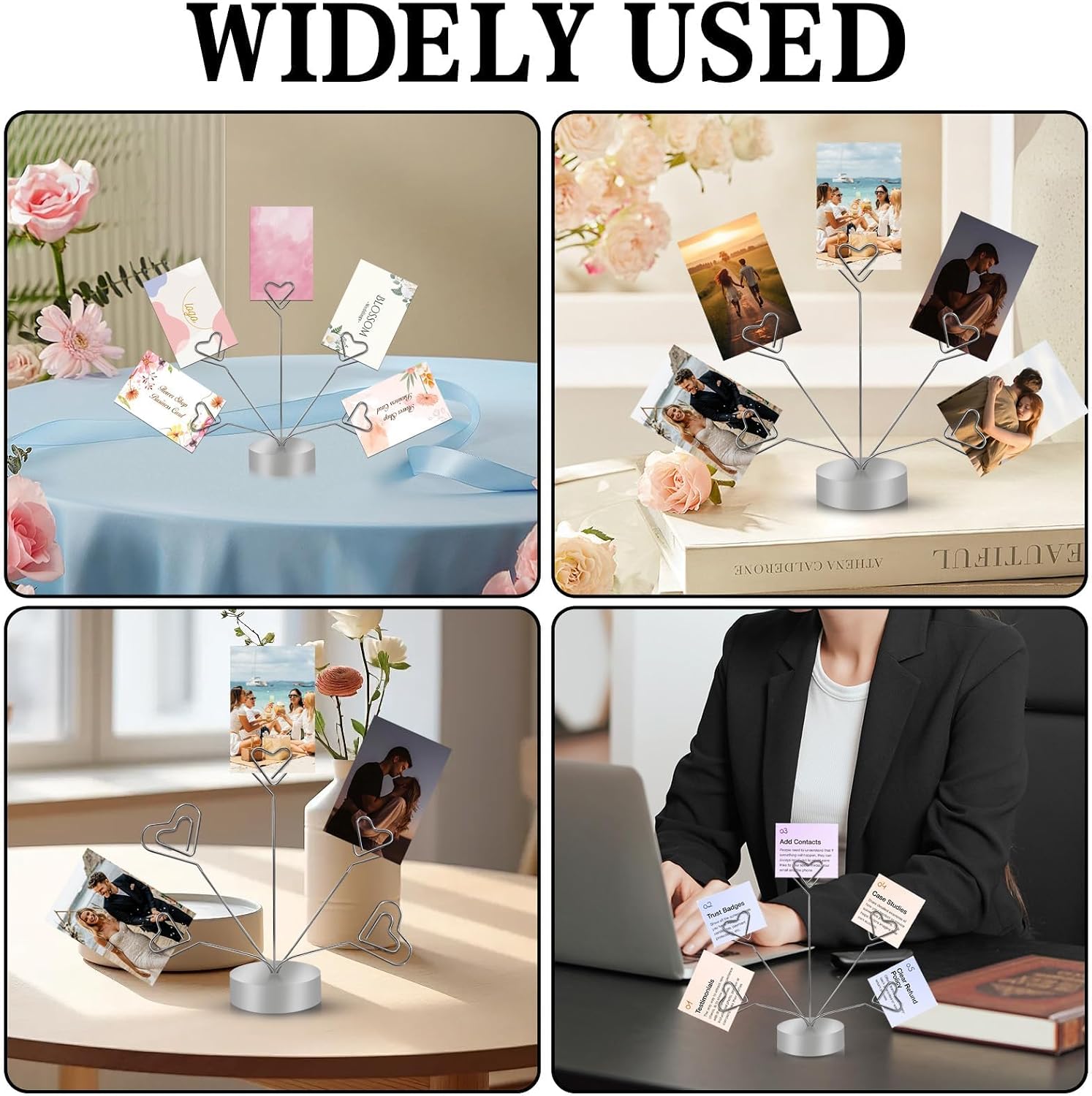 Valentine's Day Gift Card Tree Holder, Heart-Shaped Photo Stand Contains Five Clips, Silver Pictures Desk Display Round Base Suitable Fort Party Holidays Weddings Work
