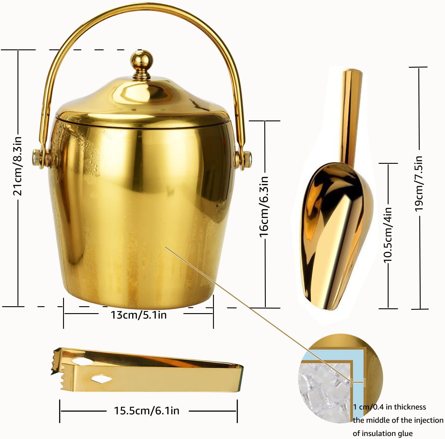 Ice Buket, Double Wall Insulated Ice Bucket with Ice Tongs,Scoop,Lid, Stainless Steel Ice Bucket for Cocktail Bar Parties Home,Upgraded Thickened That No Need Strainer,Freezing for 6h,2L,Gold