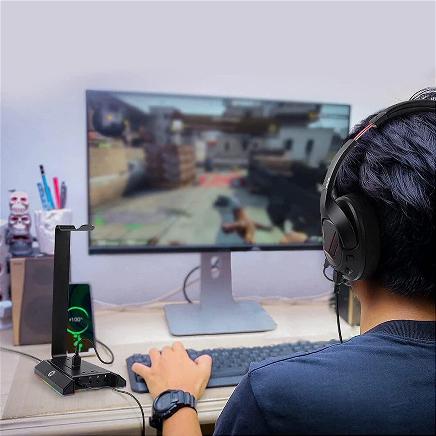 RGB Headphone Stand Gaming Headset Holder with 7.1 Surround/2 USB and 3.5mm Ports Sturdy Stable Compatible with All Standard Sized Headsets