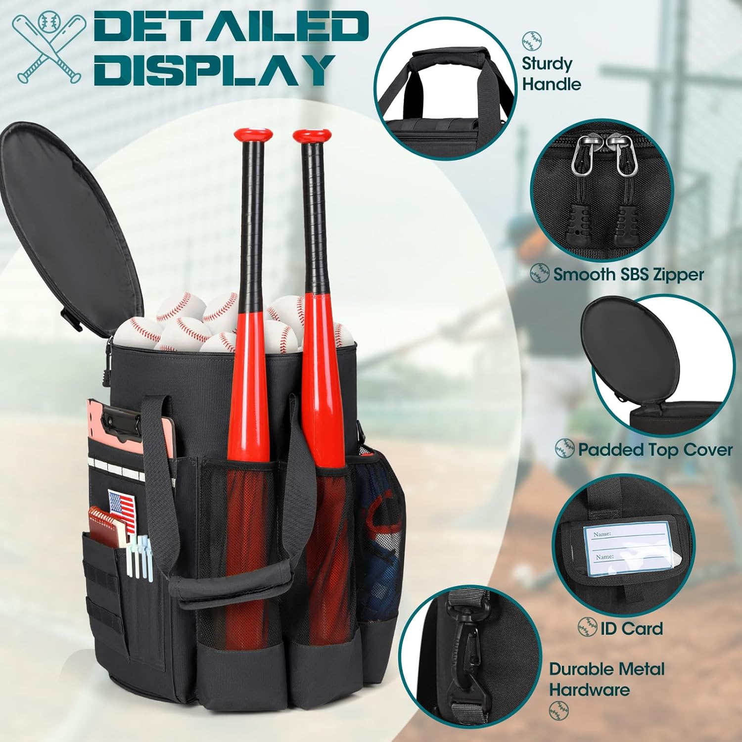 RAINSMORE Baseball Bucket Bag Baseball Coaches Accessories Organizer with Insulation Pocket Tactical Softball Bag with Anti-Slip Bottom, Multiple Pockets for Bat, Gloves, Scoreboards