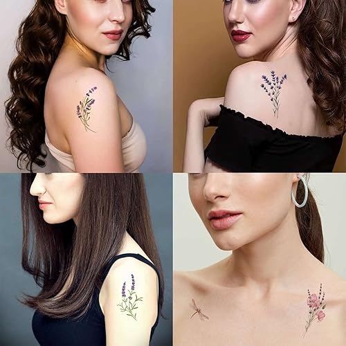 Miniatura 2 de Tattoonova - Flores de lavanda, 12 hojas de tatuajes temporales para adultos, hombres y mujeres, flores silvestres provenzales, acuarelas, púrpura,
