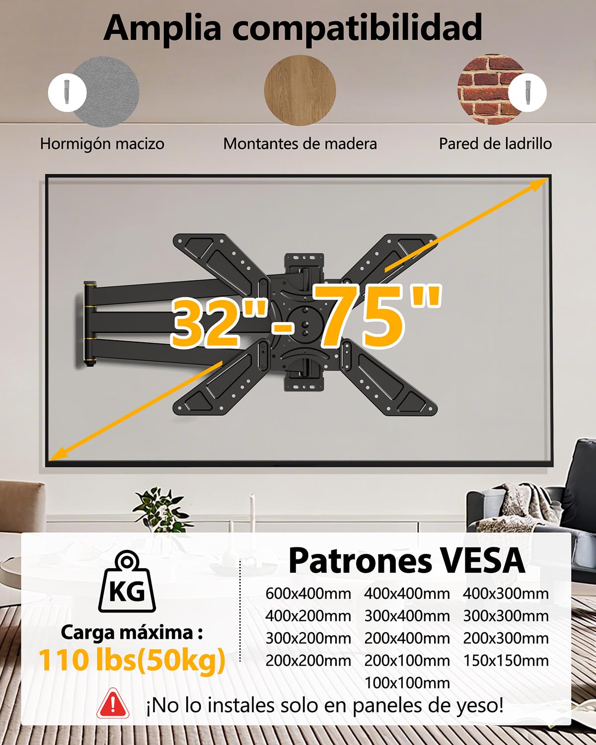 Soporte TV Pared con 850mm Brazo Articulado para Pantallas Planas y Curvas de 32-75 Pulgadas WHYFONE Soporte Pared TV Inclinable y Giratorio con 180° Rotación de Movimiento Completo Max VESA 600x400mm