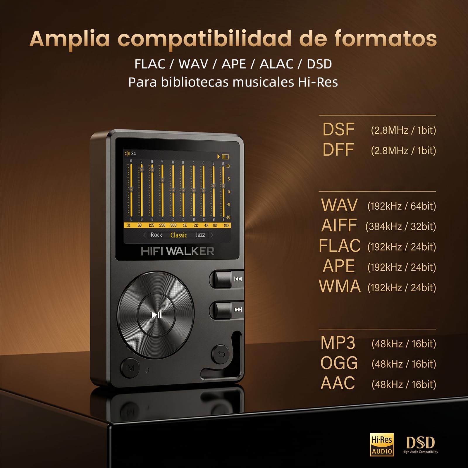 HiFi Walker H2 HiFi Reproductor MP3 con Bluetooth, Reproductor DSD FLAC sin pérdidas, Reproductor de música Digital, Reproductor de Audio portátil de Alta resolución con Tarjeta Micro SD de 32 GB,