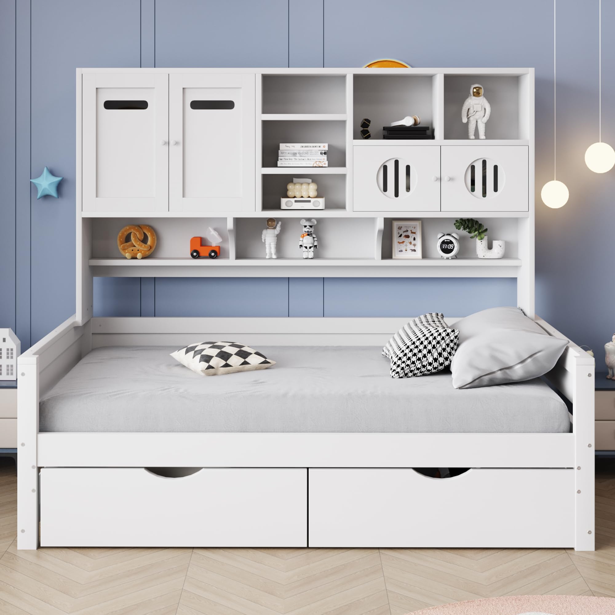 Sofá cama de madera, 90 x 200 cm, almacenamiento multifuncional, cama infantil, cajón grande, cama individual, cama juvenil, somier (sin colchón) (blanco)