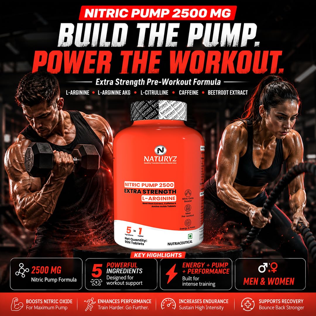 NATURYZ Nitric Pump 2500 Mg Extra Strength L-Arginine | L Citrulline | Caffeine | Boosts Stamina | Energy | Increases Blood Flow | Improves Performance | Ideal Pre-workout Supplement for Men & Women - 90 Tablets — Amazon image 3