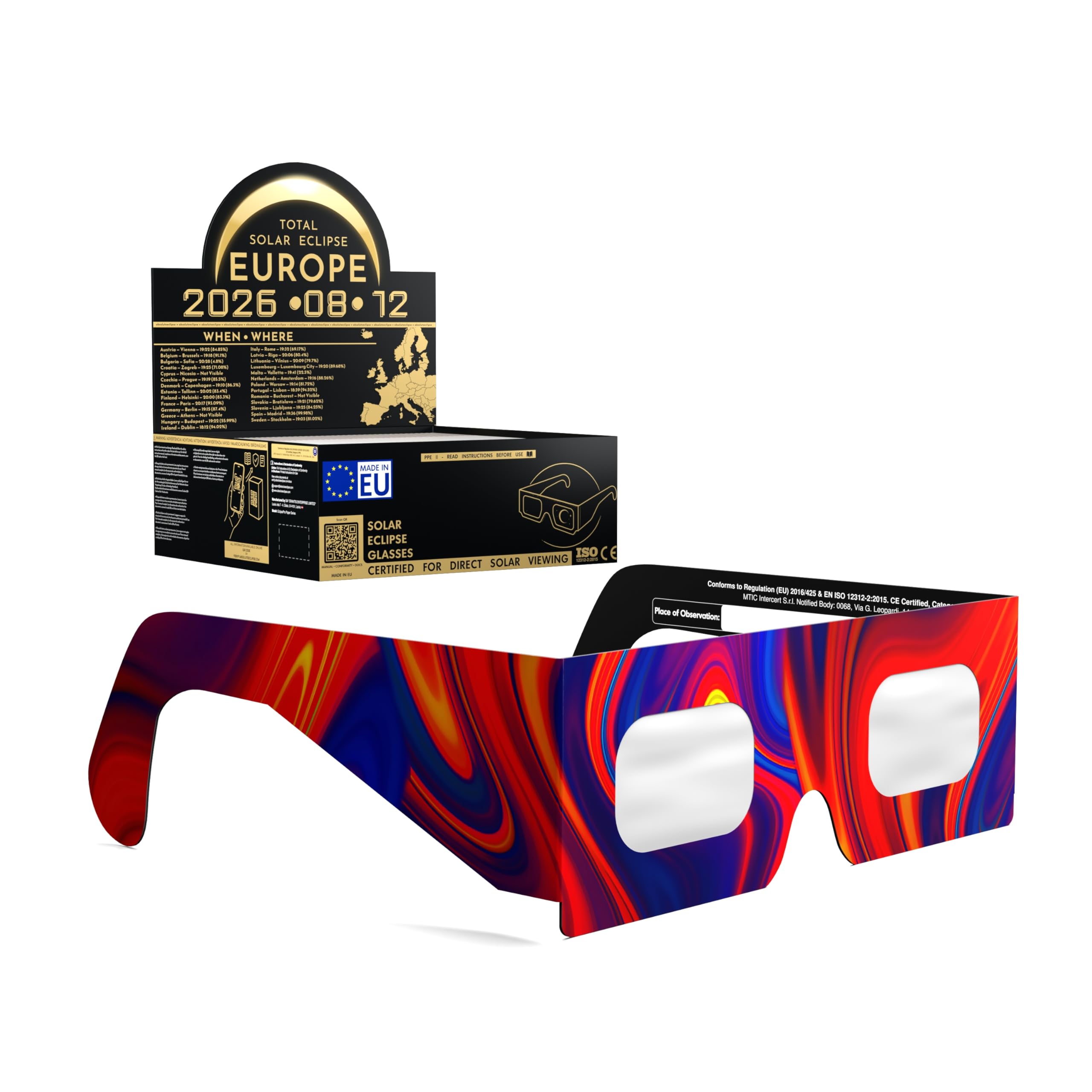 Absolute Eclipse Goo - Gafas solares para eclipse al por mayor – Probado ISO 12312-2 y certificado CE – Fabricante de la UE – Paquete de 50 unidades – Eclipse Europe 2026