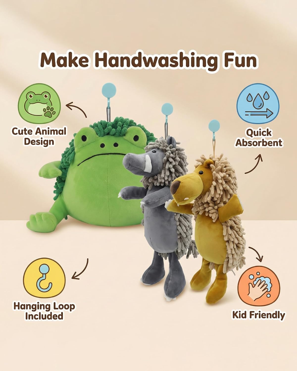 Ugly Frog Fuzzy Hand Towel - Super Soft Chenille Bath & Kitchen Towels, Absorbent Decorative Fuzzy Ball Hanging Towel for Bathroom, Sink, Countertop (Frog)