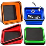 Collapsible Magnetic Parts Tray Set, 4 Pack Foldable Silicone Magnetic Tool Trays for Bolts Screws Nuts & Small Metal Parts, 4.5” Upgraded Square Silicone Bowls with Dual-Sided Magnetic Base