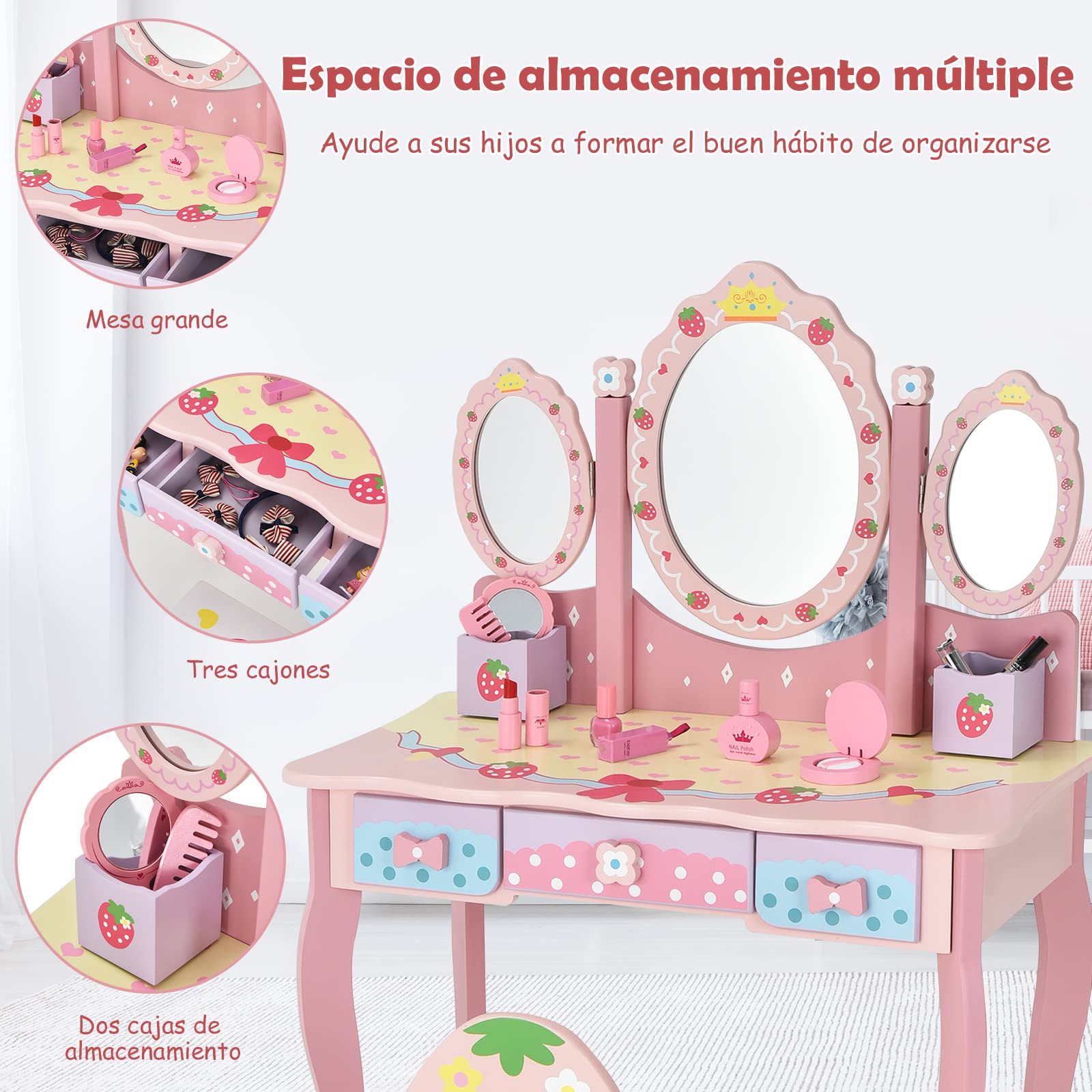 COSTWAY Tocador con Espejo Tripartido para Niños, Mesa de Maquillaje 3 Cajones 2 Cajas Taburete (Rosa)