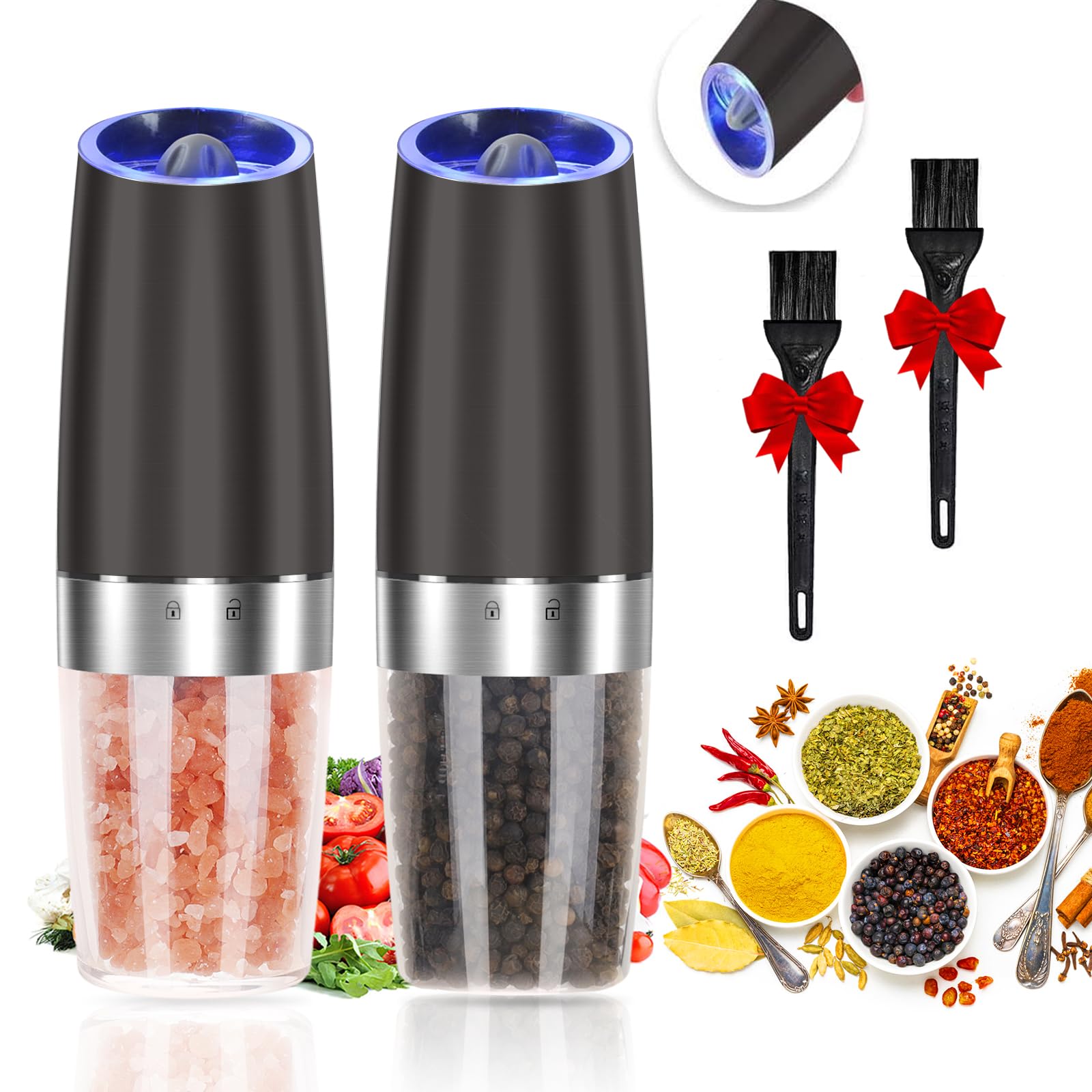 Gravity Electric Pepper & Salt Grinder Set - Automatic One-Hand Operated With LED Light & Adjustable Coarseness