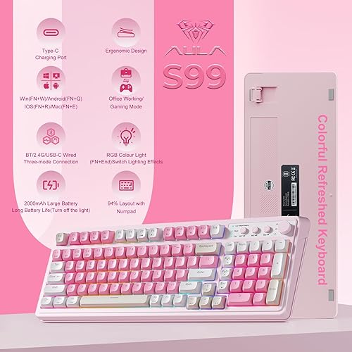 Miniatura 2 de AULA Teclado para juegos S99, teclados inalámbricos de computadora, teclado Bluetooth personalizado cremoso de tres modos con teclado numérico,