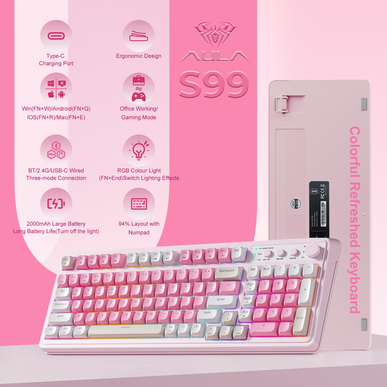 AULA 99 Key Keyboard, Wireless Gaming Keyboard Bluetooth Computer Keyboards Creamy Cute with Number Pad RGB Backlit Tri-Mode BT/2.4GHz/USB-C - Pink - 2