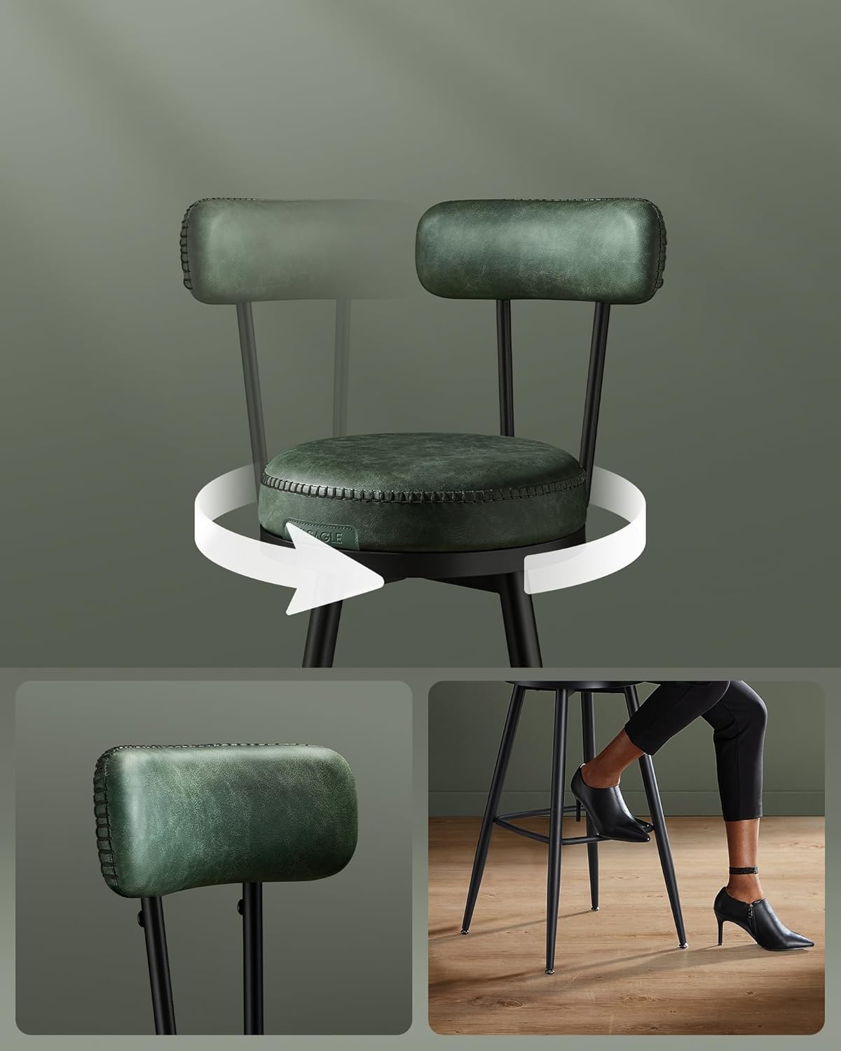 Image showing the 360-degree swivel function of the bar stool and a person comfortably seated.