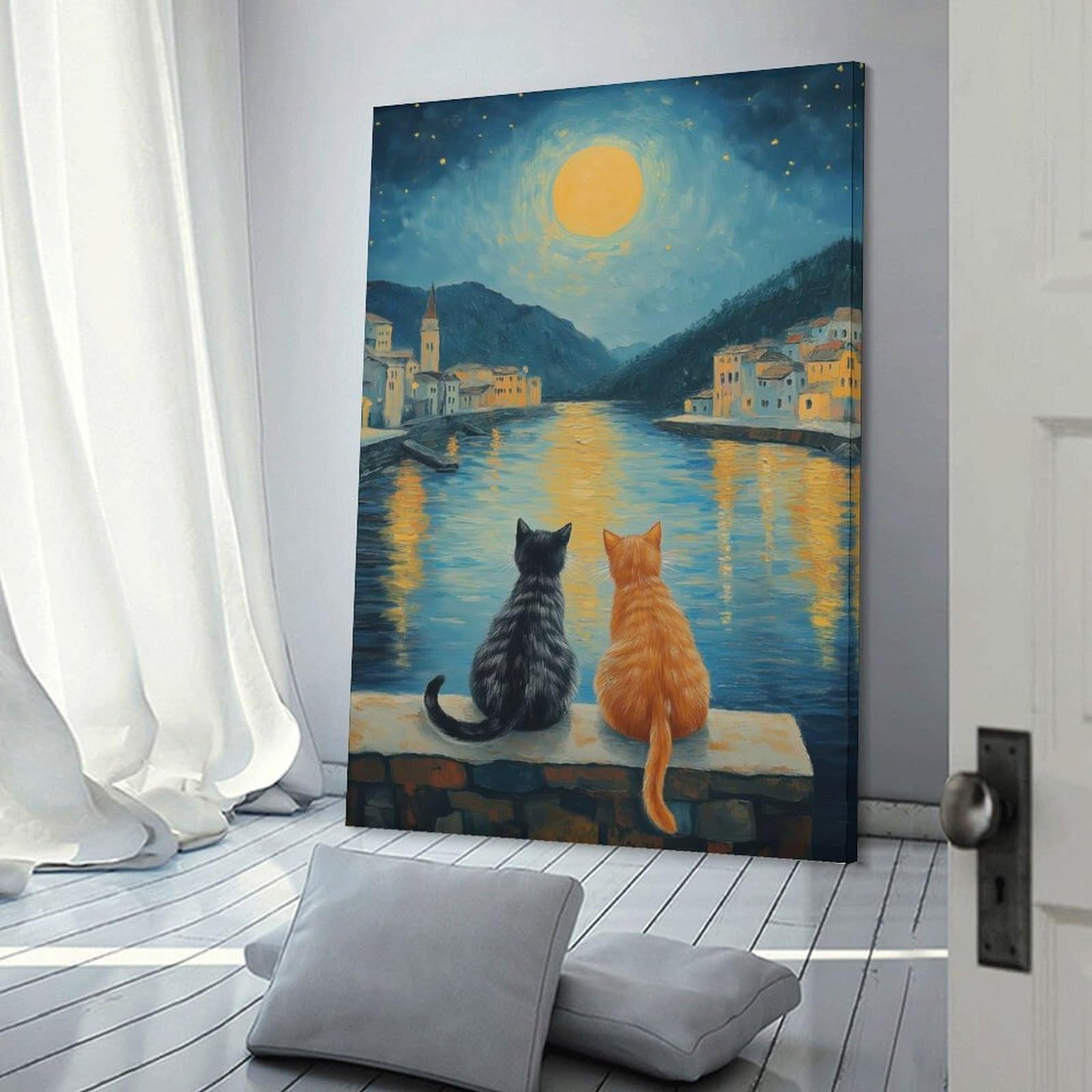 Junmoney Cats by The Moonlit River Wall Picture Print 20x30inch(50x75cm), for Corridors, Hallways Or Apartment Entries, Wall Decor to Refresh Empty Corners