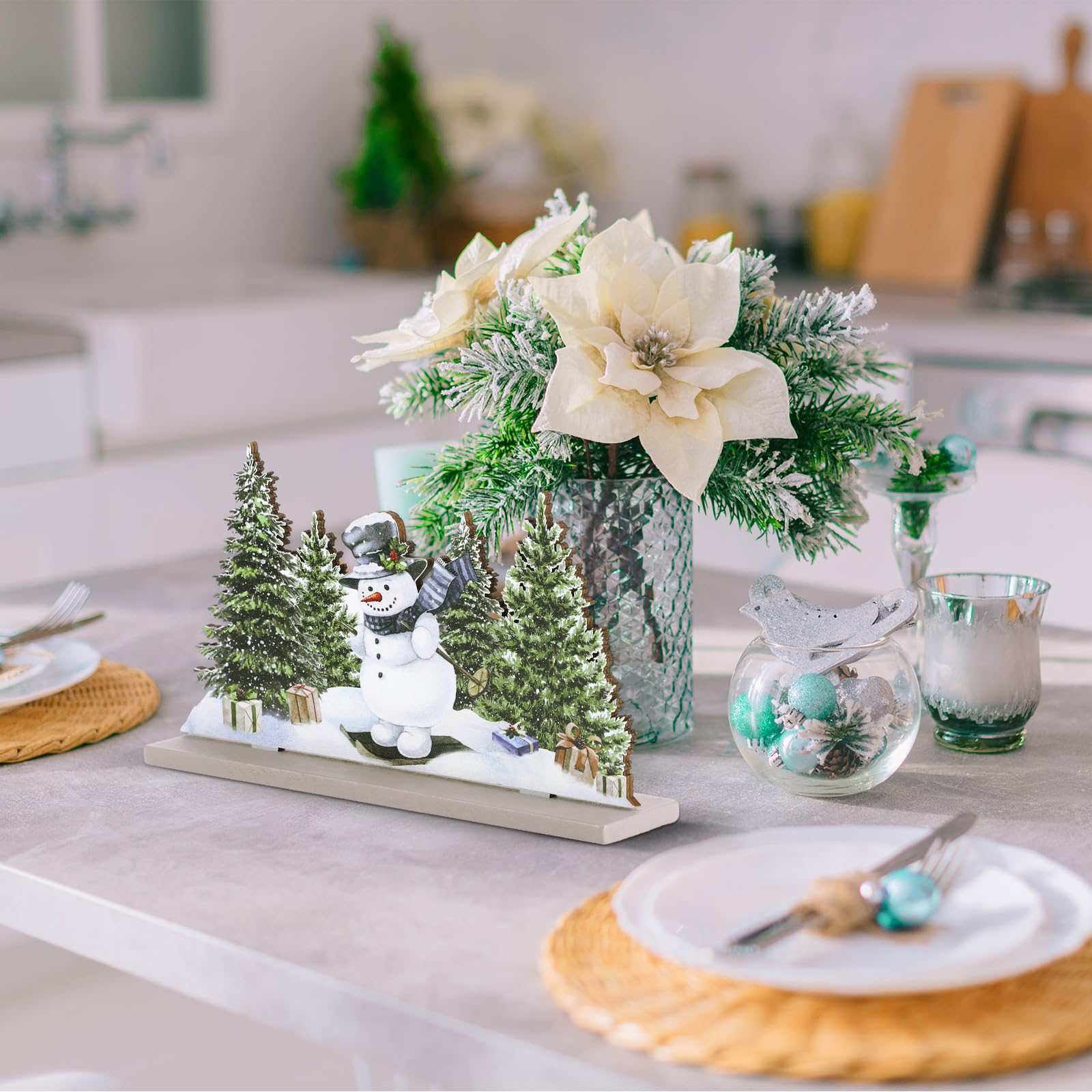 Huwena 5 letreros de decoración de mesa de Navidad, centros de mesa de Navidad, letrero de alegría, decoraciones de Navidad, guantes de muñeco de nieve, reno, para decoración de invierno, nieve