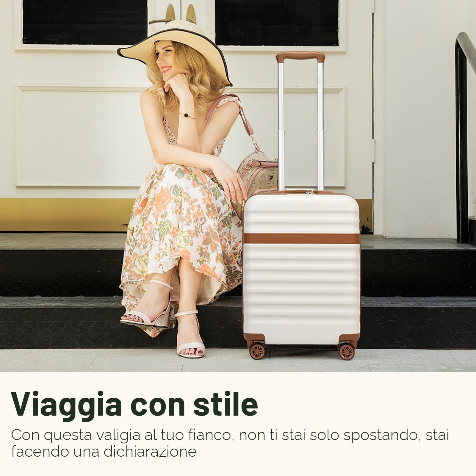KONO Set di valigie Valigia bagaglio a mano ABS+PC Hardshell Travel Trolley con serratura TSA e 4 ruote Spinner, Crema/Marrone, 20 Inch Luggage Set, Valigia da viaggio leggera con guscio rigido