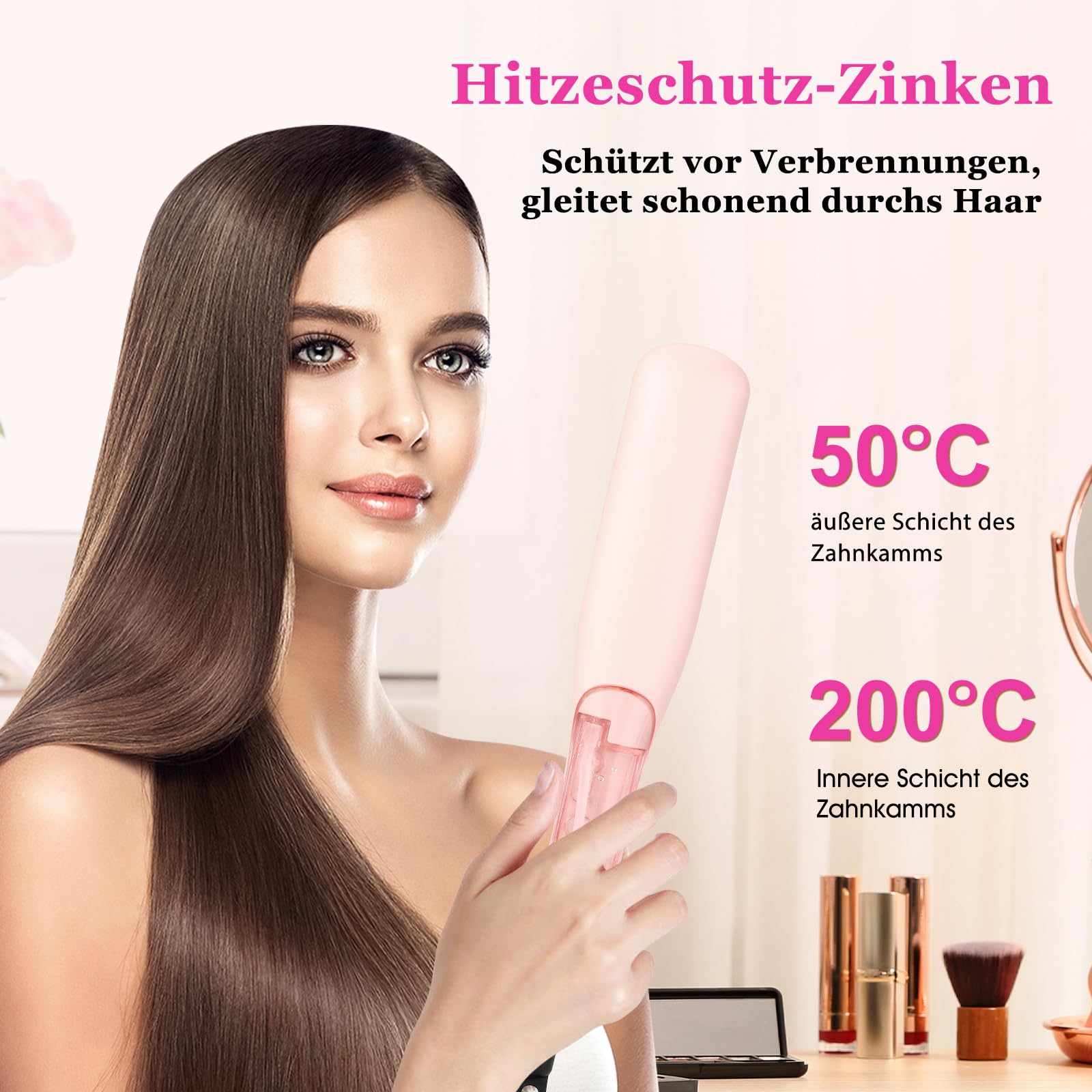 Dampf-Glättbürste mit Dampf Pflege, 30s Aufheizen, 30min Auto-Aus (Rosa) | Tiefe Dampfpflege, 4 Temp. (150°C–210°C), inkl. Aufbewahrungstasche, hitzebeständigen Handschuhen und Reinigungsbürste