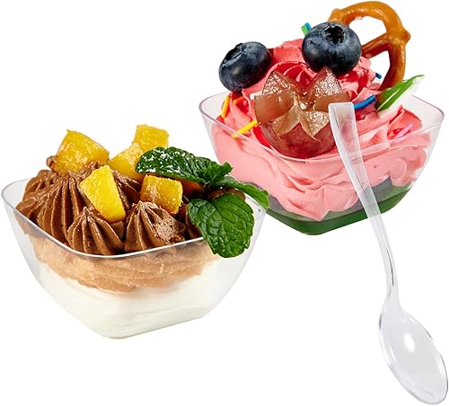 JOLLY CHEF Paquete de 200 mini tazas de postre de 26 onzas con cucharas tazas de aperitivos de pudín de plástico transparente para fiesta pequeño