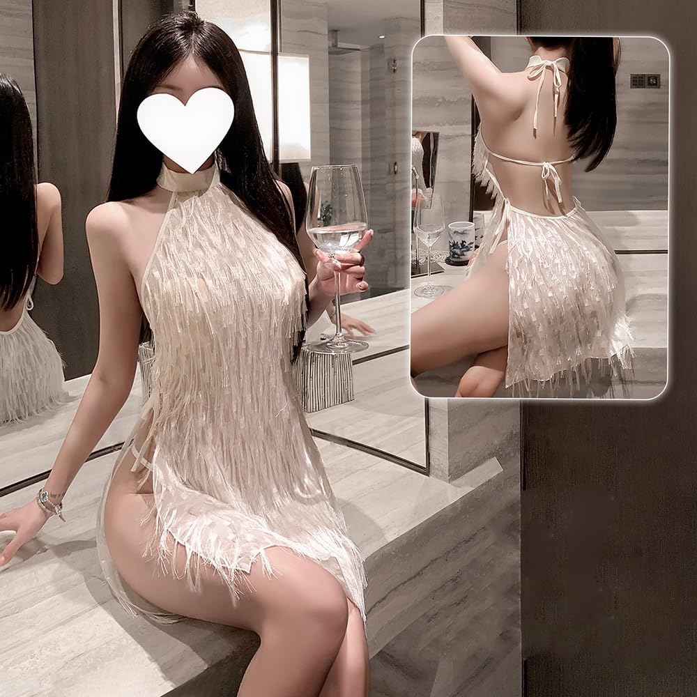 sexy cheongsam lingerie for women outfit Short fringe dress Cutout Sheer Chinese Style Qipao cosplay Costume backless halter Skirt anime Roleplay Lace tassels Chemise Babydoll Thong White