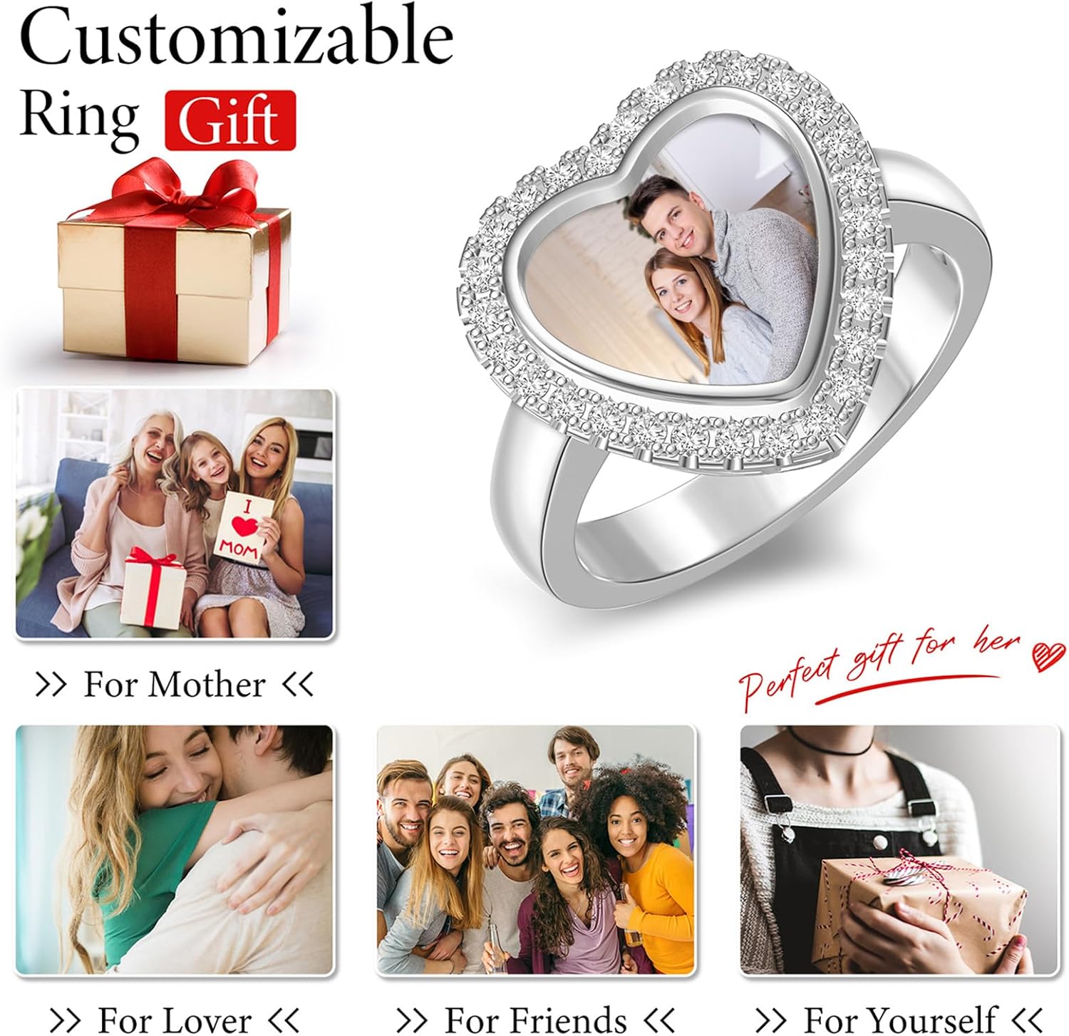 LucySky Sterling Silver Heart Chunky Band Personalized Photo Rings for Women Engraved Promise Ring for Women Mom Grandma on Mother's Day Christmas Birthday