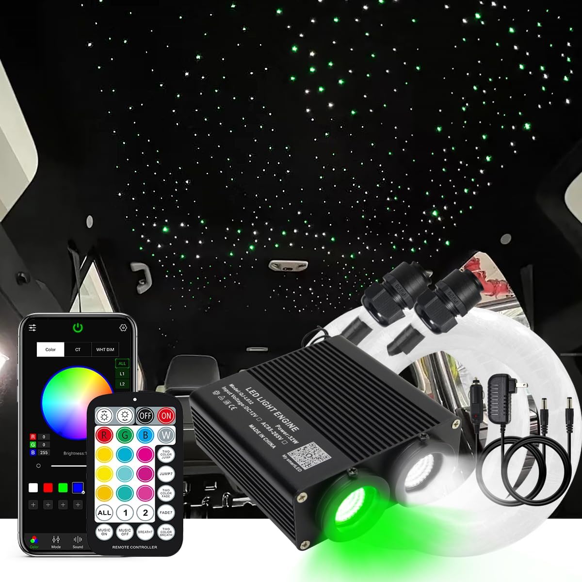 New AKEPO 32W Dual-Head RGBW APP Control Different Color Fiber Optic Lights, 750pcs of Mixed Optical Fibers in 9.8ft+Music Activated Fiber Optic Star Ceiling Light Kit for Truck Headliner Star/Home