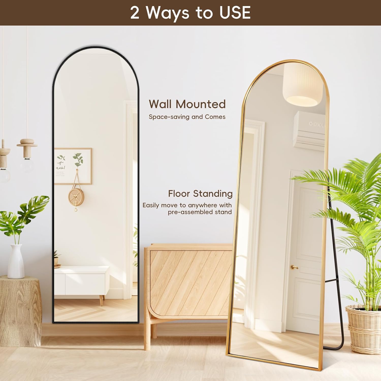 161x52cm Floor Big Standing Mirror (64"x21"), Shatter-Proof Tempered Glass Arched Full Length Mirror, Dressing and Wall-Mounted Thin Frame Mirror(Gold)